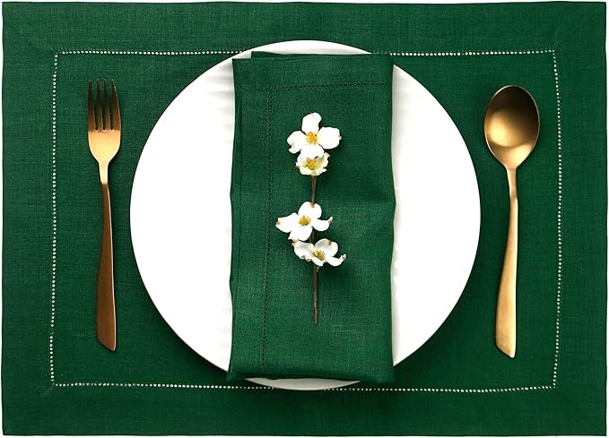 D'Moksha Homes Linen Placemats Set of 4 - Classic Hemstitch Forest Green Placemats 14 x 19 Inch - 100% Pure Linen Table Mats for Christmas, Holiday - Handcrafted and Machine Washable