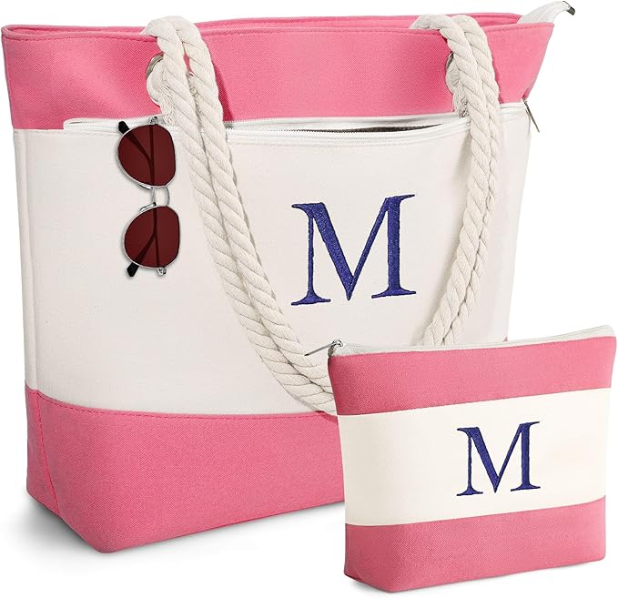 YOOLIFE Christmas Gifts for Women - Personalized Initial Canvas Beach Bags for Women Gifts for Mom Teacher Friend Birthday