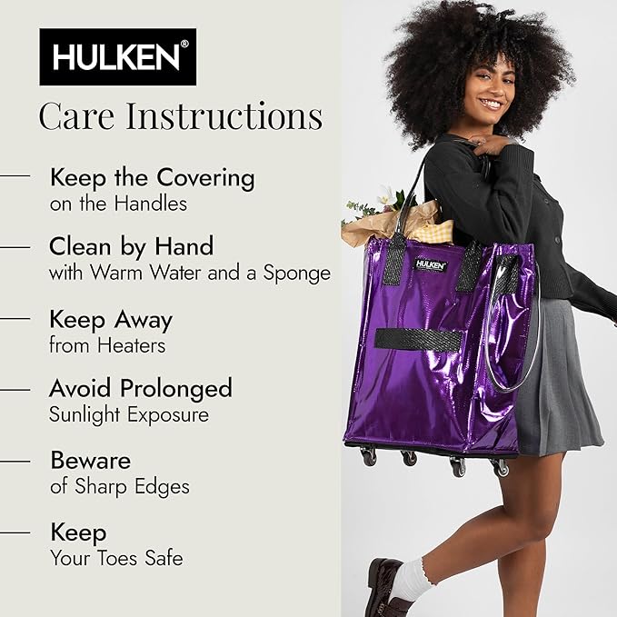 HULKEN (Small, Ultraviolet) Reusable Grocery Bag On Wheels, Shopping Trolley, Rolling Tote, Zipper Closure, Lightweight, Carries Up to 66 lb, Folds Flat