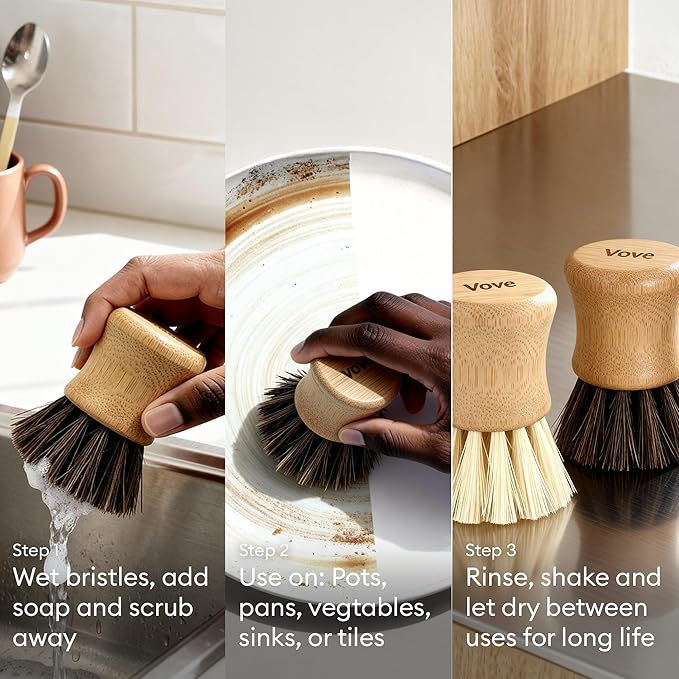 Vove Cleaning Essentials Set – Bamboo Dish Brush with Replacement Head, 2 Scrub Brushes, 2 Scrub Sponges – FSC Certified, Plastic-Free, Natural Bristles & Loofah – Eco-Friendly Kitchen Cleaning Kit