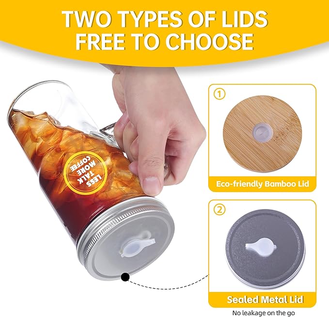 2 Pcs Glass Cups with Lids and Straws, 20oz/600ml Ice Glass Coffee Cups with Lids, Reusable Wide Mouth Tumbler with Handle & Leakproof Metal Lid & Eco Bamboo Lid & Cleaning Kit