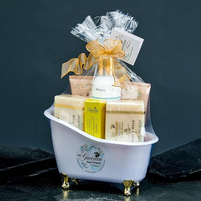 The Grecian Soap Company Deluxe Gift Basket for Women - 6pcs Goat Milk & Olive Oil Skin Care Set, Birthday Gifts, Spa Gift, Bridal Shower Gifts, Gifts for Mom, Almond Scent, Handmade in the USA
