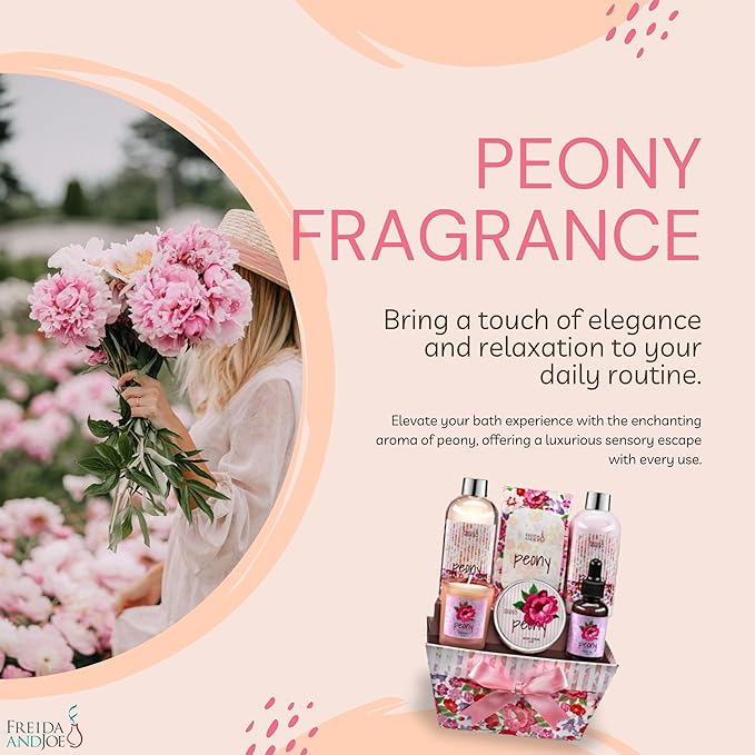 7-Piece Bath and Body Gift Set for Women with Shower Gel, Body Lotion, Body Scrub, Body Oil, Bath Salt, and Scented Candle – Perfect Spa Gift (Peony Floral)