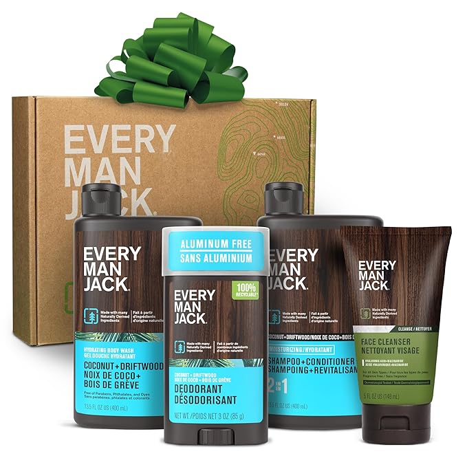 Every Man Jack Men's Bath and Body Gift Set - Coconut + Driftwood Scent - Clean Ingredients - Includes Hydrating Body Wash, 2-in-1 Shampoo, Aluminum-free Deodorant & Face Wash