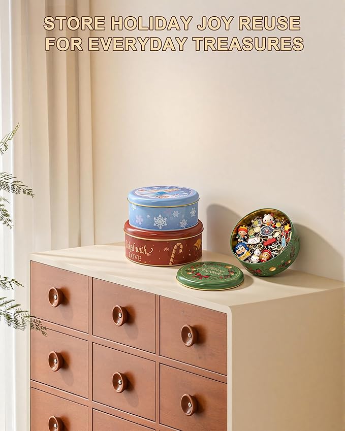 Christmas Cookie Tins with Lids, Set of 3 Larger Holiday Containers for Homemade Cookies, Gifts, Treats, Reusable Round Metal Storage Boxes with 3 Premium Greeting Cards & 16.5ft Ribbon