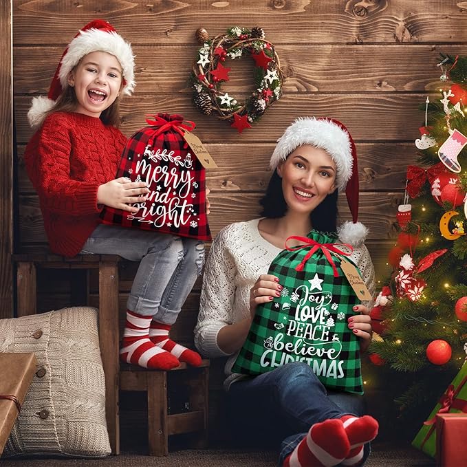 10 PCS Christmas Drawstring Gift Bags with Tags, Buffalo Plaid Xmas Gift Bags Assorted Sizes Bulk, Cotton Fabric Holiday Gift Bag Large Medium Small Wrapping Bag for Xmas Presents Decor Party Favors