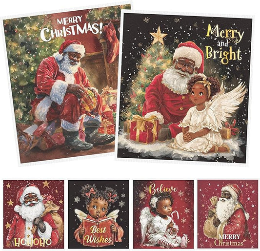 Christmas African American Swedish Dishcloths for Kitchen, 6PCS Black Girl and Santa Swedish Dish Cloths Gift Set, Reusable Absorbent Dish Towel for Xmas Home Cleaning(7.8 X 7 Inches)