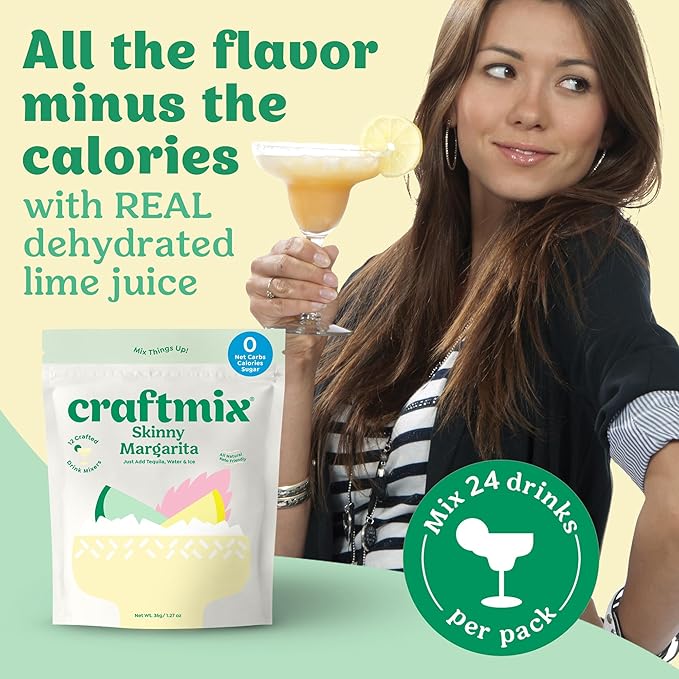Craftmix Skinny Margarita Cocktail & Mocktail Drink Mixer, Skinny Mixes - Water Flavoring Packets - Made With Real Fruit - Vegan, No-Carb, No-Sugar, Non-GMO, Dairy Free, Gluten Free, 24 Pack