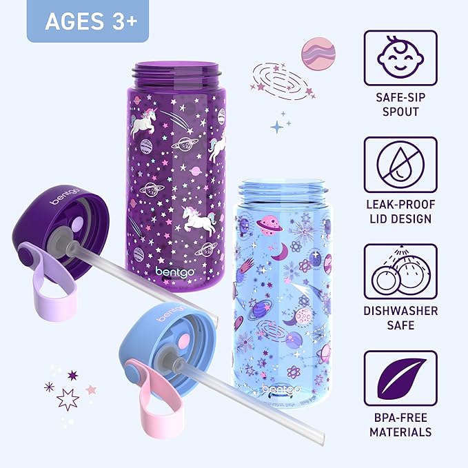 Bentgo Kids Water Bottle 2-Pack - Leak-Proof, Durable Tritan, BPA-Free 15 oz. Cup for Kids/Toddlers Ages 3+, Safe Sip Spout, & Dishwasher Safe for School/Sports/Daycare/Camp (Unicorn/Lavender Galaxy)