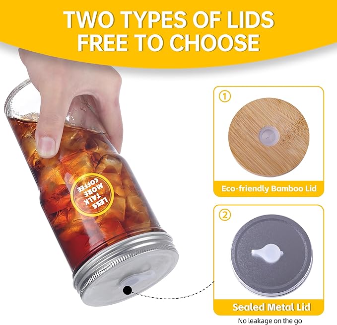 2 Pcs Glass Cups with Lids and Straws, 20oz/600ml Ice Glass Coffee Cups with Lids, Reusable Wide Mouth Tumbler with & Leakproof Metal Lid & Eco Bamboo Lid & Cleaning Kit