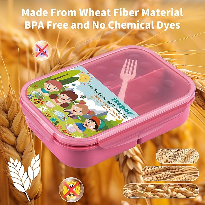 Wheat Straw Lunch Box - Leakproof Bento Box for Kids & Adults, BPA-Free 3-Compartment Food Containers, Microwave & Dishwasher Safe (Muted Red, 5.5 Cup)