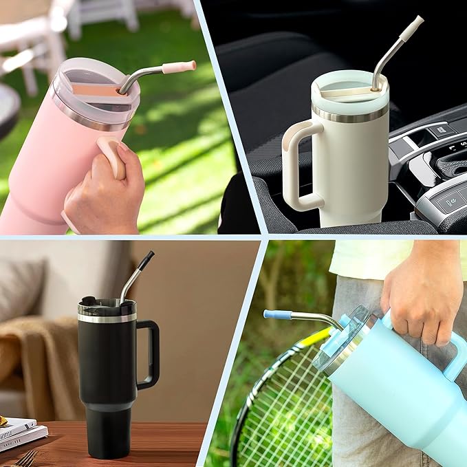Reusable Stainless Steel Straws with Silicone Tip for Stanley 40oz, Metal Drinking Straws for 40oz Tumbler,3 Bent Tubes & 6 Tips& 1 Cleanr Brush (Chambray)