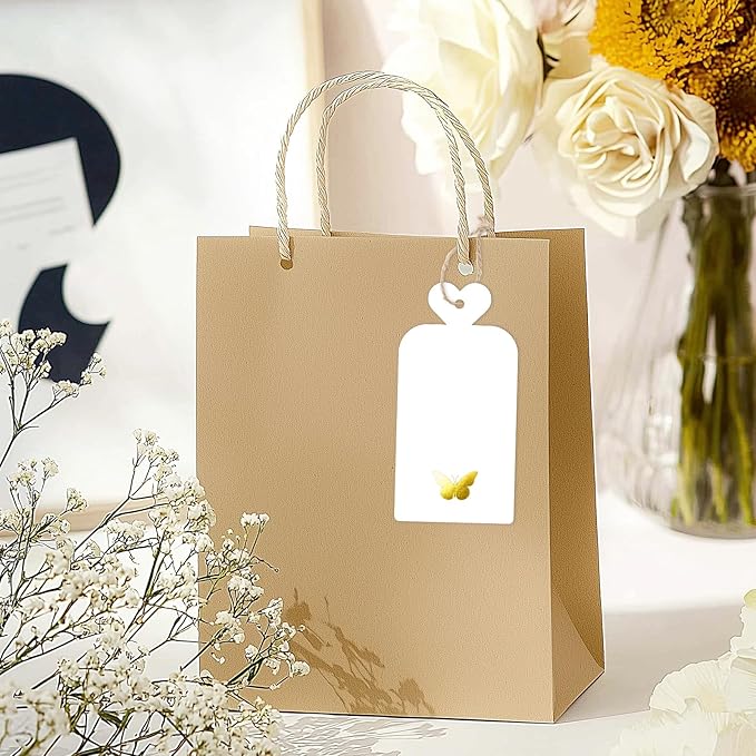 joycraft 100Pcs Gift Tags with String, 4x2 in Blank Tags with Gold Foil Butterfly, White Paper Labels for Birthday, Wedding, Baby Shower, Christmas