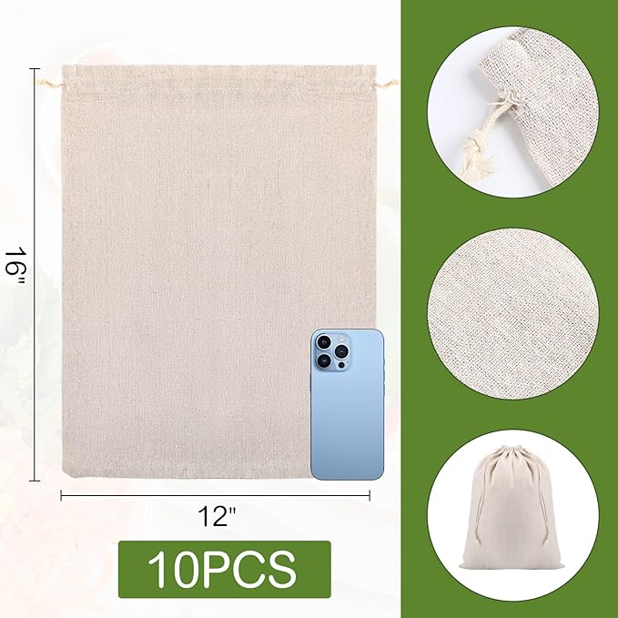 Woanger 10 Pack Reusable Produce Bags - X-Large 12 x 16 Inch Cotton Muslin Bags with Drawstrings Washable Canvas Fabric Sacks for Bread, Bulk Produce, Shoes