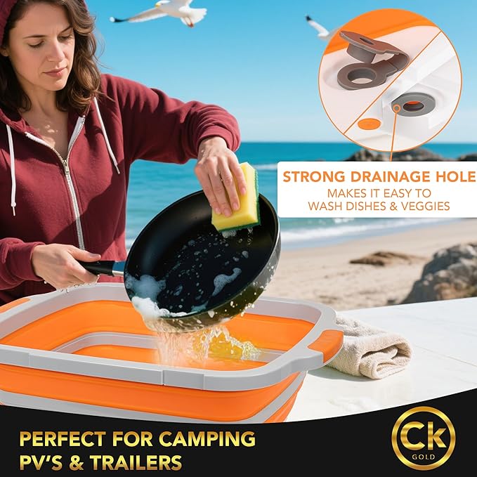 New XL Collapsible BBQ Prep Tub wtih LOCKING Lid, Cutting Board & Drain Hole | BPA-Free, Food-Grade, Recyclable, Space-Saving Caddy for Grilling, Camping, Kitchen & Outdoor Cooking (Orange, 16 Liters)