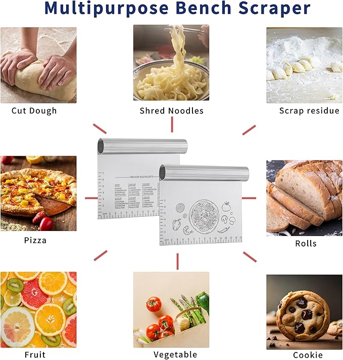 2PCS Bench Dough Scraper Cutter, LCCOWOT Stainless Steel Kitchen Food Scraper Chopper with Matched Protective Cover, 6 inch Bench Knife for Banking & Cooking (2Pack, Silver)