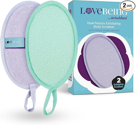 LoveBeing Scrubbed Dual-Texture Exfoliating Body Scrubber, Oval Bath Sponge for Smooth, Clean Skin, Daily Skincare Routine, Exfoliating Bath Sponge for Men and Women (2 Count, Assorted Colors)