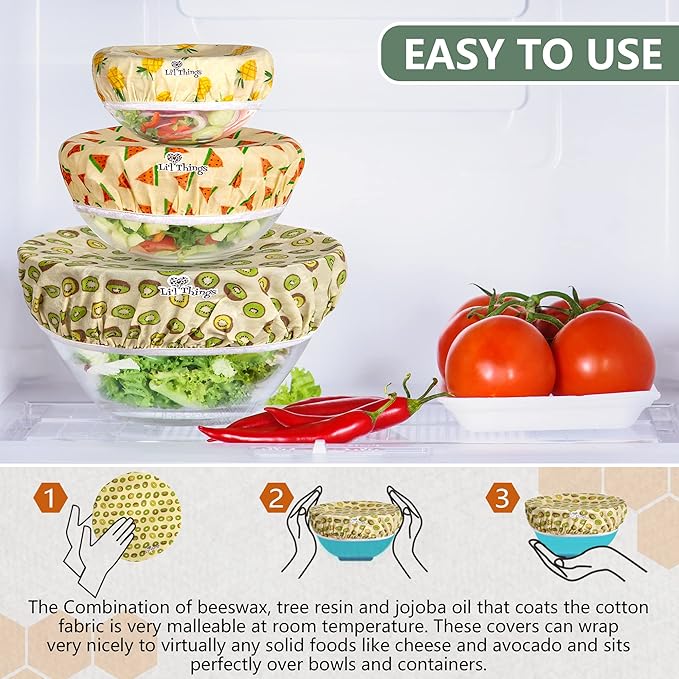 Li’l Things Beeswax Bowl Covers – Reusable Wraps Set of 5 | Organic Cotton, Beeswax & Jojoba | Eco-Friendly, Washable Lids for Bread Proofing, Jars, Pet Food (XS–XL) -Fruity Fruit
