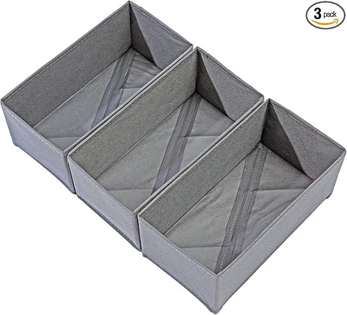 Sock Drawer Organizer Set of 3 Pack Gray, 11' Small Collapsible Fabric Underwear Dividers, Closet Foldable Dresser Storage Bins for Clothing