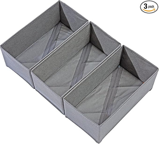 Sock Drawer Organizer Set of 3 Pack Gray, 11' Small Collapsible Fabric Underwear Dividers, Closet Foldable Dresser Storage Bins for Clothing