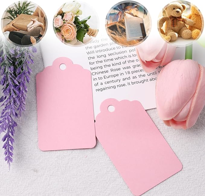 SallyFashion 120PCS Gift Tags with String 1.6 x 2.8 inch Pink Paper Hang Tags for Party Favors Baby Shower Wedding Crafts Decoration (Pink)