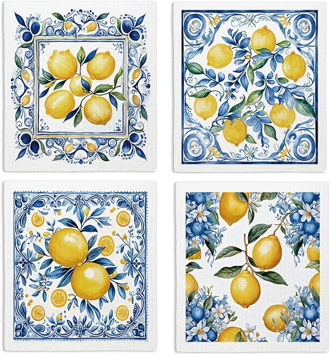 Swedish Dishcloths for Kitchen, Papaya Reusable Paper Towels Washable, Summer Lemon Vintage Floral Swedish DishCloths for Friut, 4 Pack Dish Towels for Kitchen, No Odor Cleaning Cloths