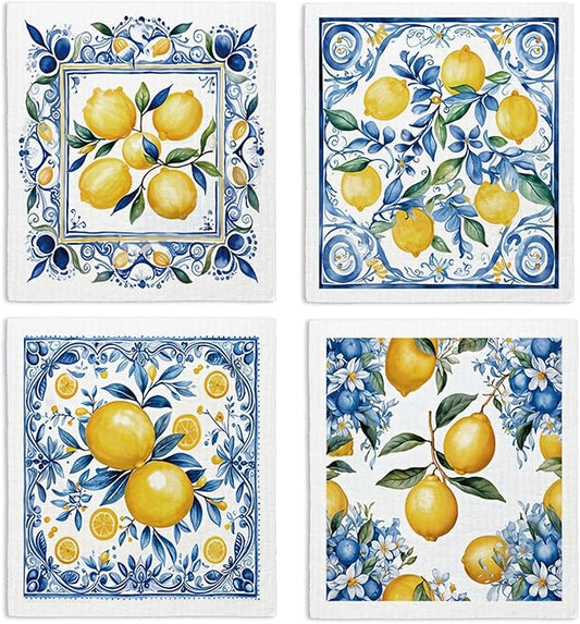 Swedish Dishcloths for Kitchen, Papaya Reusable Paper Towels Washable, Summer Lemon Vintage Floral Swedish DishCloths for Friut, 4 Pack Dish Towels for Kitchen, No Odor Cleaning Cloths