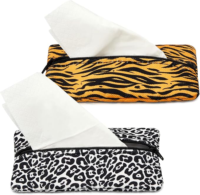Kigeli 2 Pieces Purse Tissue Holder Travel Tissue Pouch for Purse Fabric Zipper Enclosed Pouches Reusable Flower Pattern Paper Holder for Coins, 5.25 x 3 Inches(Leopard Print, Gold Zebra)