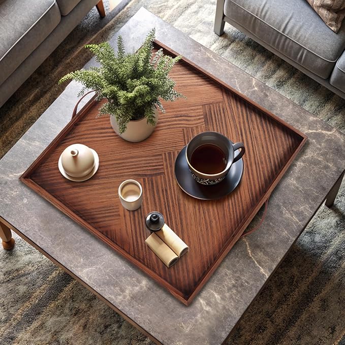 Large Ottoman Wood Trays, Wooden Serving Tray with Handles, Large Ottoman Tray, Square Wooden Serving Tray for Coffee Table, Living Room and Kitchen, 24 x 24 inch