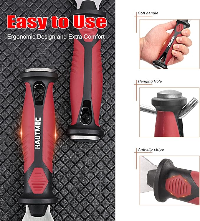 HAUTMEC 4pc Putty Knife Set, Paint Scraper, Flat Heavy Duty Stainless Steel Blade and Hammer End for Removing Wallpaper for Puttying Plaster, Cement