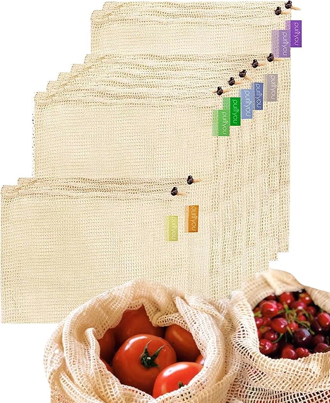 purifyou Premium Organic Cotton & Heavy Duty Mesh Produce Bags - Set of 9| Reusable, Double-Stitched, Drawstring Bags for Fruits, Vegetables, Snacks, and Grocery Storage | Raw & Unbleached, Washable.