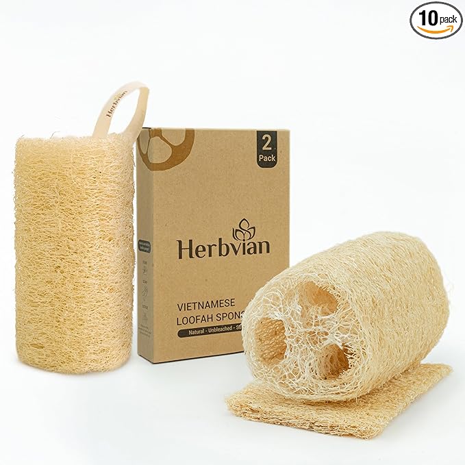 Natural Vietnamese Loofah Sponge, 100% Plant-Based Luffa Exfoliating Body Scrubber for Shower, Multi-Functional for Kitchen, Ideal for Men & Women, Spa & for Pet (2pcs/Pack)