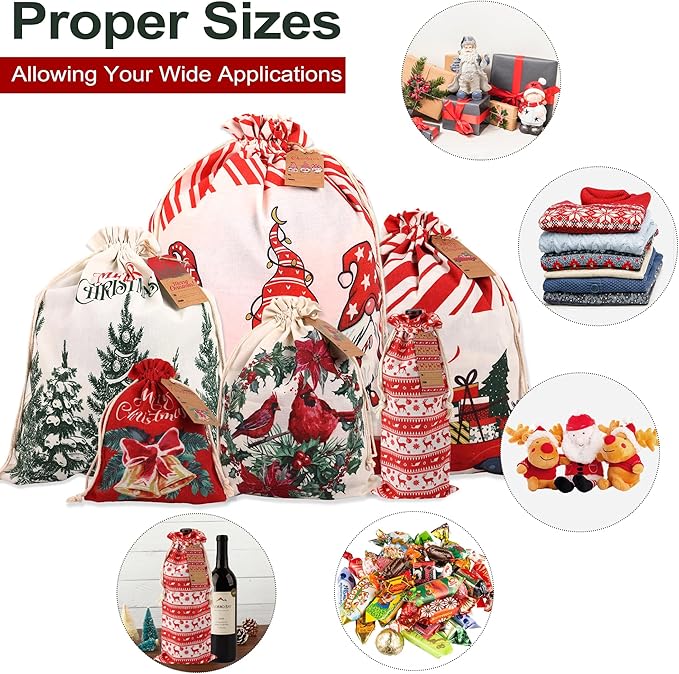 POPGIFTU 12 Pack Christmas Canvas Drawstring Gift Bags — Reusable Fabric Santa Sacks in Mixed Sizes with Kraft Tags for Holiday Present Packaging, Xmas Decorations & Party Favors