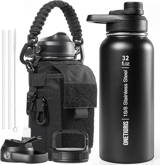 ONETIGRIS 32 oz Insulated Water Bottle with Straw - Tactical Stainless Steel Water Jug, Leakproof Thermos Wide Mouth Sport bottle with 3 Lids and Sleeve for Travel, Gym, Camping, Hiking