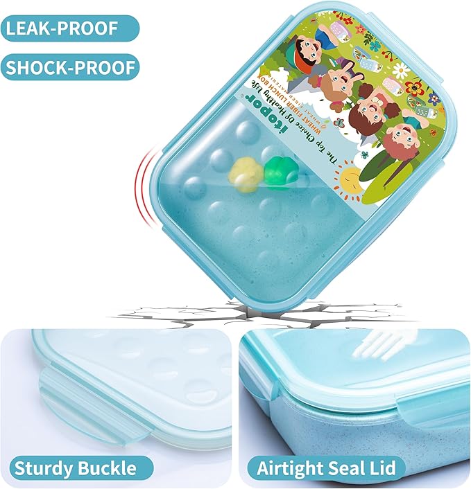 Wheat Straw Lunch Box - Leakproof Bento Box for Kids & Adults, BPA-Free 3-Compartment Food Containers, Microwave & Dishwasher Safe (Blue, 5.5 Cup)