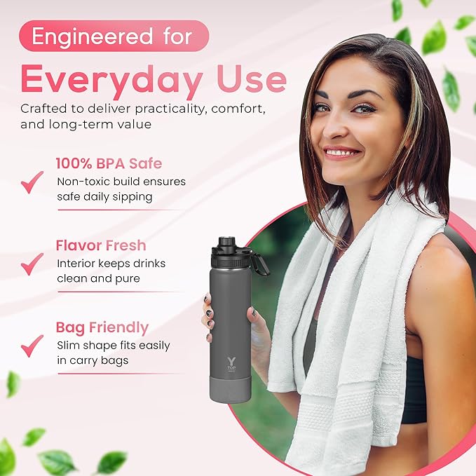 Y TOP 18 oz Insulated Water Bottle Cup Holder Friendly, Leak Proof Spout Lid, Double Wall Insulation, Dishwasher Safe, Easy Clean Stainless Steel Water Bottle for Gym Kids Sports Travel School Hiking