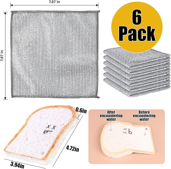 Non Scratch Wire Dishcloth 6 Pack with 1pcs Kitchen Sponges for Dishes, Double Layer Wire Dish Washing Cloth,Powerful Cleaning Non-Scratch Wire Dishcloth Rag for Cookware, Sinks, Dishes, Stove Tops