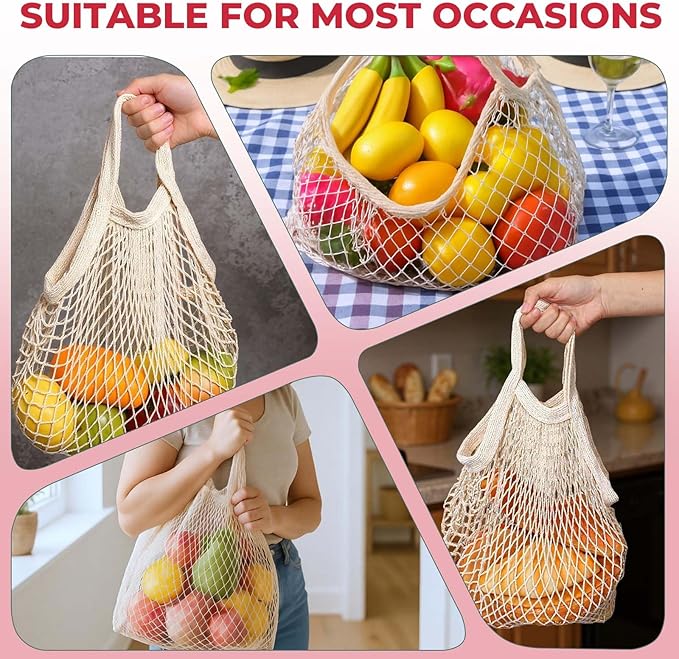 10 Pieces Reusable Mesh Grocery Bags Portable Cotton Produce Containers Washable Net Mesh Reusable Tote Bag with Handle String Shopping Organizer for Fruit Vegetable Shopping Storage Market