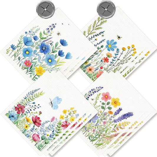 Morigins 12 Pack Swedish Dishcloths with 2 Push Towel Hooks - Reusable Dish Cloths for Washing Dishes, Napkins Cleaning Cloth Washable - Flower Set