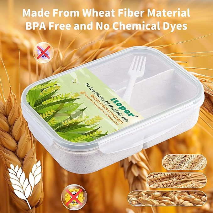 Wheat Straw Lunch Box - Leakproof Bento Box for Kids & Adults, BPA-Free 3-Compartment Food Containers, Microwave & Dishwasher Safe (Warm White, 5.5 Cup)