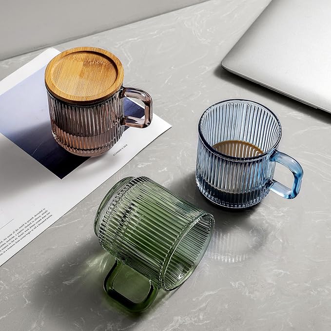 Lysenn Glass Coffee Mug with Lid - Premium Classical Vertical Stripes Glass Tea Cup - for Latte, Tea, Chocolate, Juice, Water - Lead-Free - Bamboo Lid - Lime Green