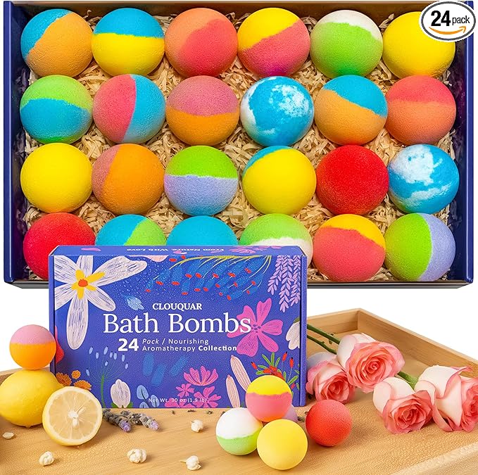 Hemp Oil Bath Bombs Gift Set, 24 Pack Natural Bubble Bath Spa Kit with Pure Essential Oils, Refreshing & Relaxing Bath Gift for Birthday, Mother’s Day & Valentine’s Day