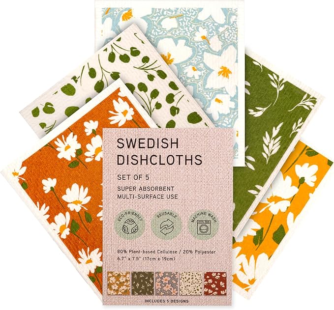 MosJos Swedish Dishcloths, Super Absorbent Multi-Surface Cleaning Cloths, Blue Floral Print, 80% Cellulose, 6.7x7.5 Inch, Set of 5 Designs