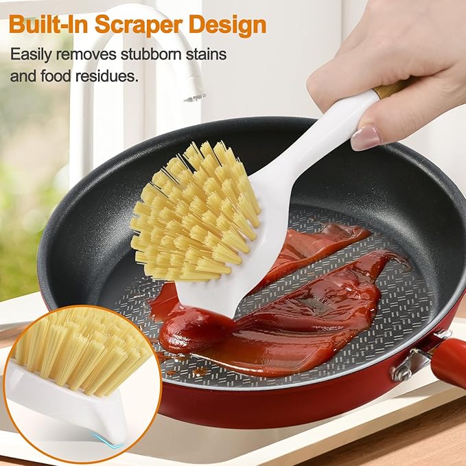 Dish Brush Set with Bamboo Handle, Kitchen Brushes for Cleaning Pot, Sink and Stove, Skillet Scrubber with Tough Bristles for Cast Iron Grill Pan, 2 Pack
