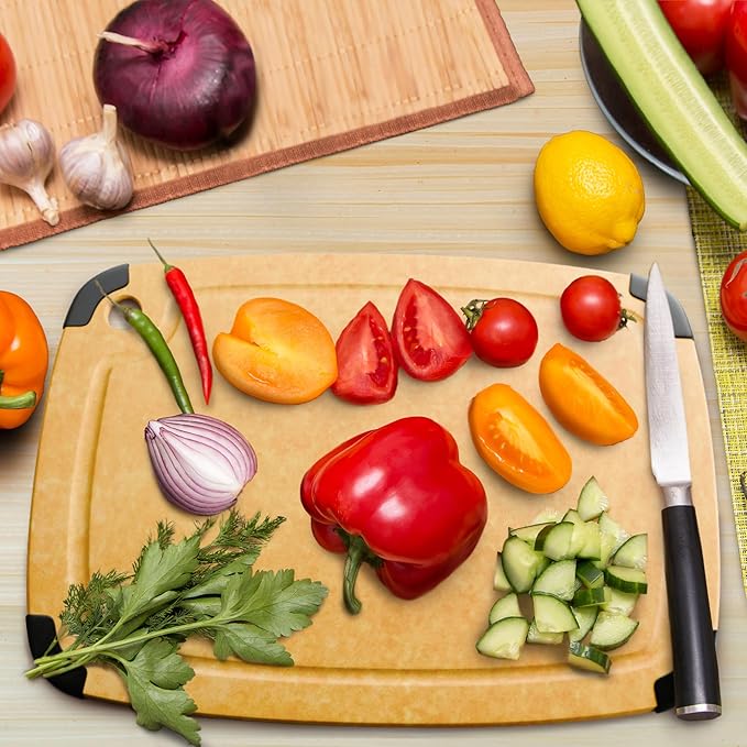 Dishwasher Safe Cutting Boards for Kitchen - Large Composite Wood Cutting Board with Non-Slip Feet & Juice Groove - Thin & Lightweight Eco-Friendly Chopping Board (14.5" 11.25", Natural)
