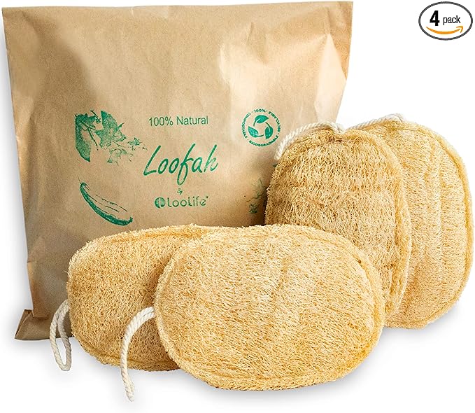 Natural Loofah Exfoliating Sponge (4 Pack) - Organic Body Scrubber - Biodegradable Shower Luffa