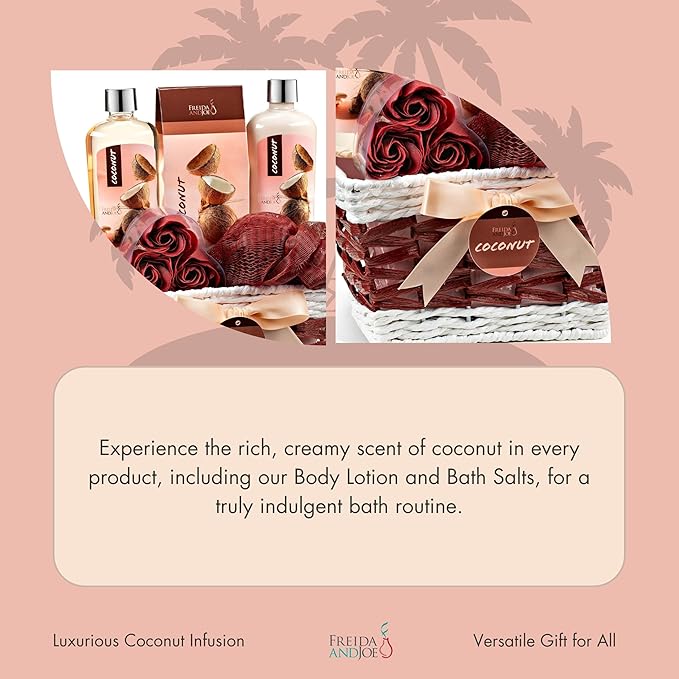 Coconut Spa Gift Basket, 6-Piece Bath & Body Set with Shower Gel, Body Lotion, Bath Salts, Soap Flowers, Bath Sponge in a Wicker Basket (Pink & Brown Set)