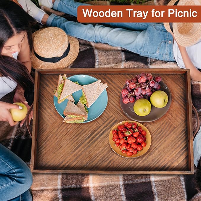 Large Ottoman Wooden Trays, Wood Serving Tray with Handles, Large Ottoman Tray, Wooden Serving Trays for Coffee Tables, Living Rooms and Kitchens, 24 x 16 inch