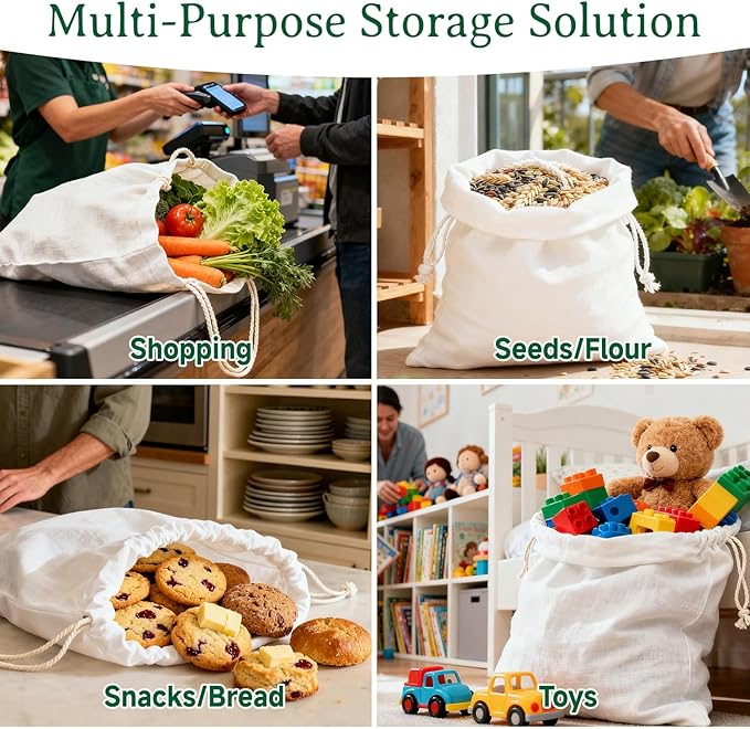 Simple&Opulence 12-Pack 8” x 10” Linen Cotton Drawstring Bags Reusable Grocery Sacks, DIY Craft Sachet Sacks Storage Cloth Bags for Party Wedding Home Bulk Produce Bags, Washable, White