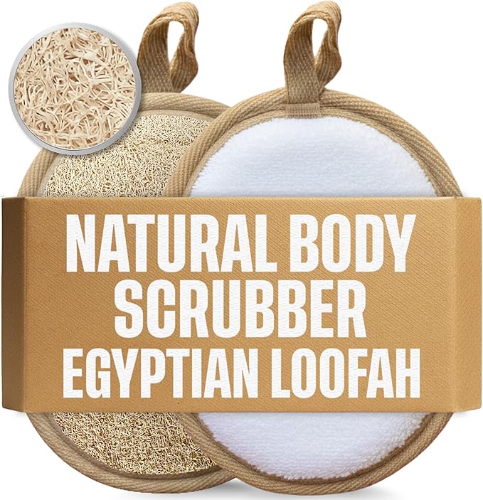 Egyptian Natural Loofah Pad Exfoliating Body Scrubber - Vegan Double Sided Luffa Sponges Deep Clean Your Body, Face & Back While an Exfoliating Washcloth Side Removes Oils - 6.9 x 4.7 Inches, 2 Pack